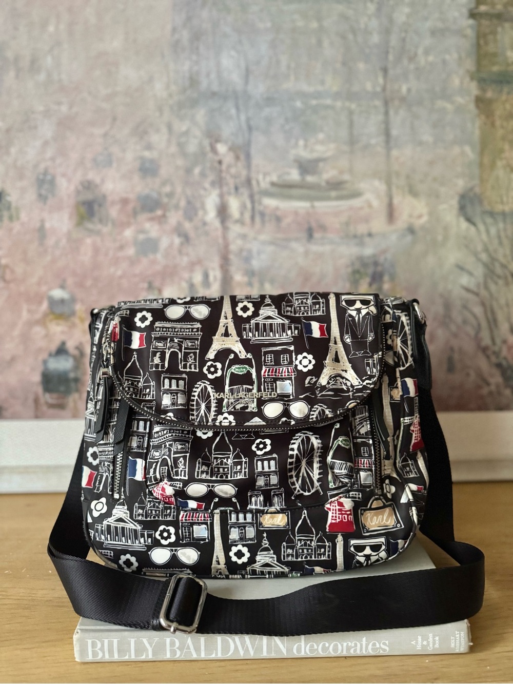 RARE Karl Lagerfeld Black Paris Print Crossbody Bag